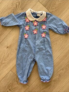 Florence Eiseman Baby Girl Floral Applique Romper Blue Pink 6M